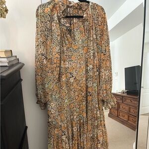 Free People Floral Long Sleeve Dress - Orange and Green